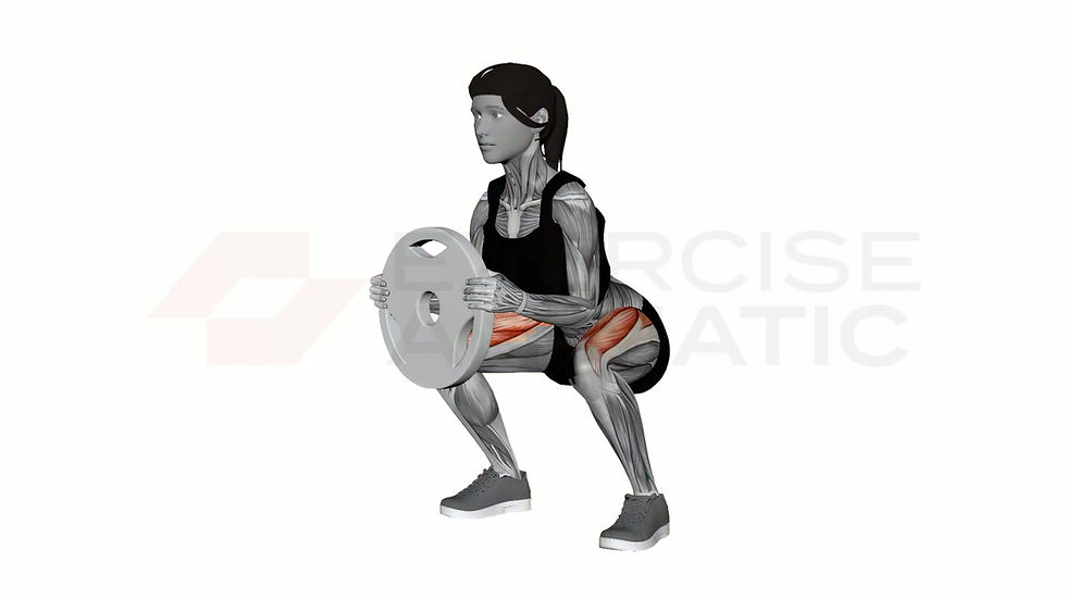 3D animation of a female performing Plate Squat Hold with muscle highlights