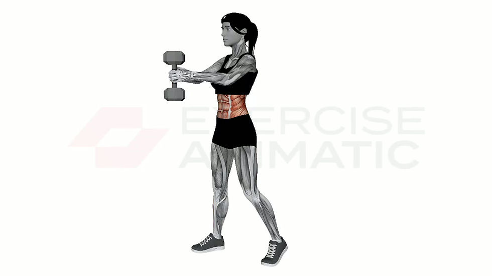 3D animation of a female performing Dumbbell Diagonal Chop with muscle highlights