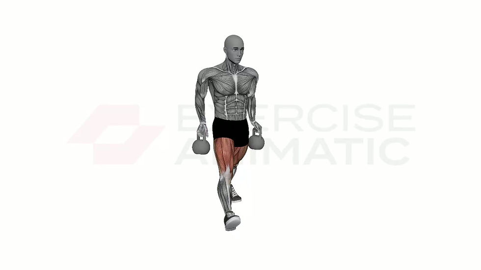 3D animation of a male performing Kettlebell Half Lunges with muscle highlights