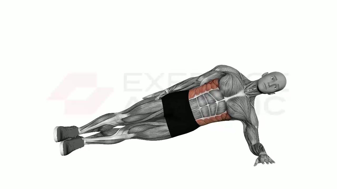 3D animation of a male performing Side Plank Oblique Crunch with muscle highlights