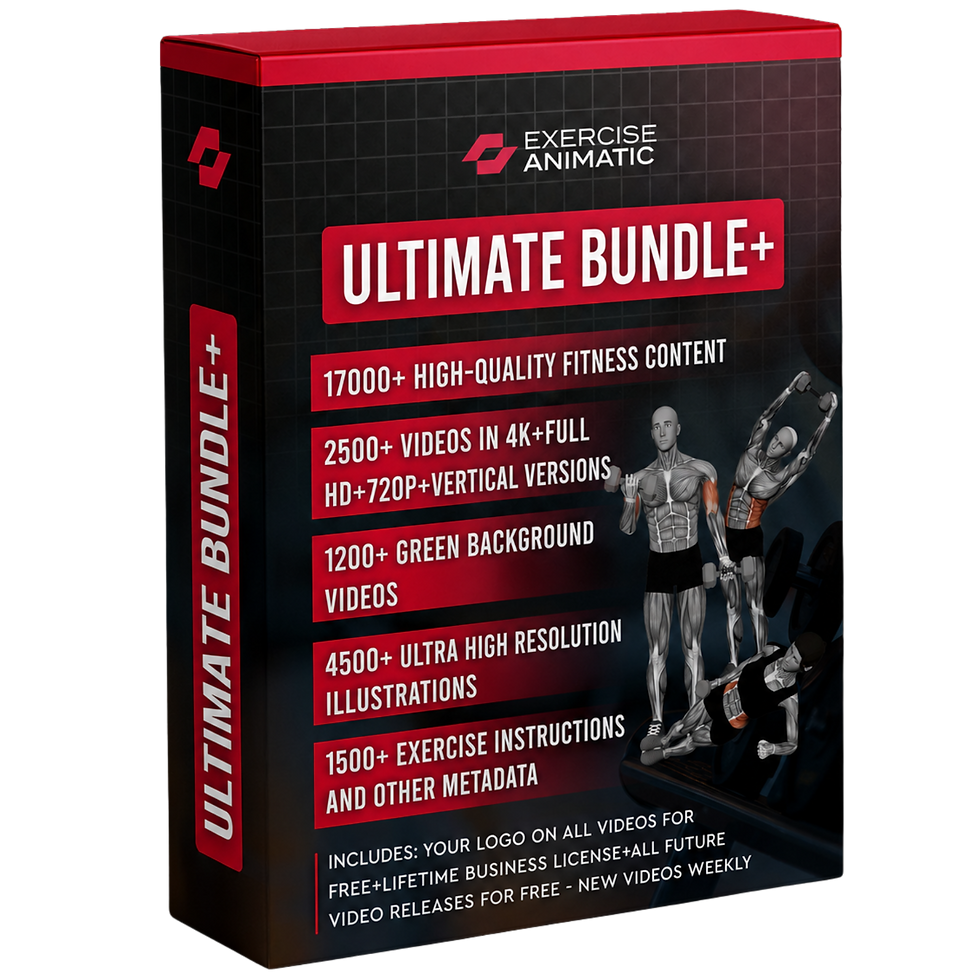 3D product box mockup for Exercise Animatic Ultimate Bundle+ featuring animated fitness exercise videos, illustrations, green