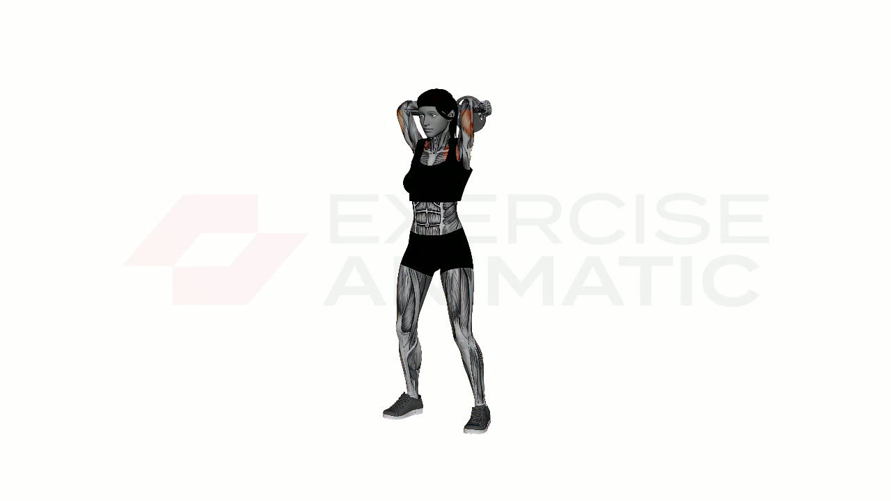 3D animation of a female performing Plate Overhead Press to Tricep Extension with muscle highlights