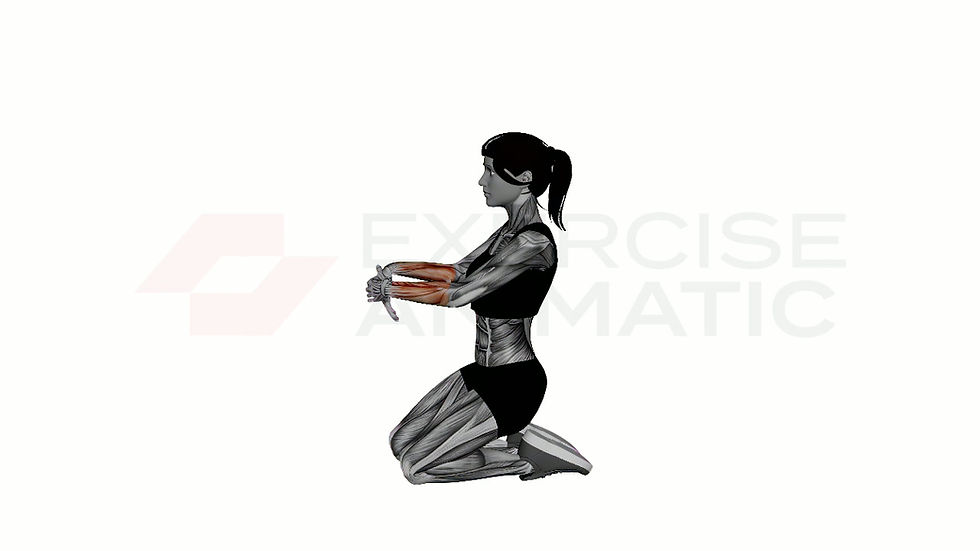 3D animation of a female performing Kneeling Forearm Flexor Stretch with muscle highlights