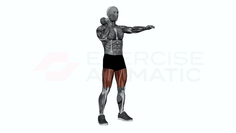 3D animation of a male performing dumbbell offset squat with muscle highlights