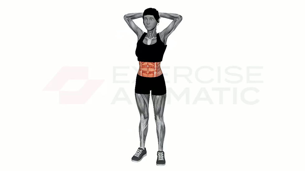 3D animation of a female performing Standing Oblique Crunch with muscle highlights