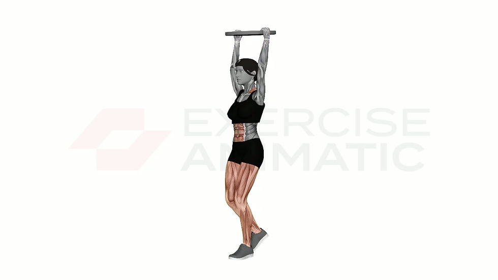 3D animation of a female performing Plate Overhead Carry with muscle highlights