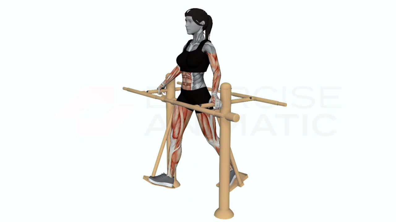 3D animation of a female performing air swing walking with muscle highlights