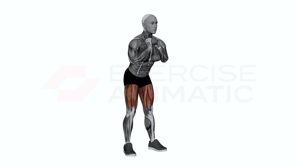 3D animation of a male performing dumbbell goblet good morning with muscle highlights