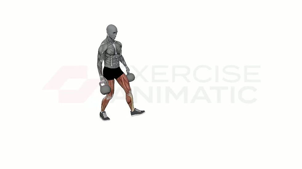 3D animation of a male performing Farmer’s Walk Kettlebell with muscle highlights