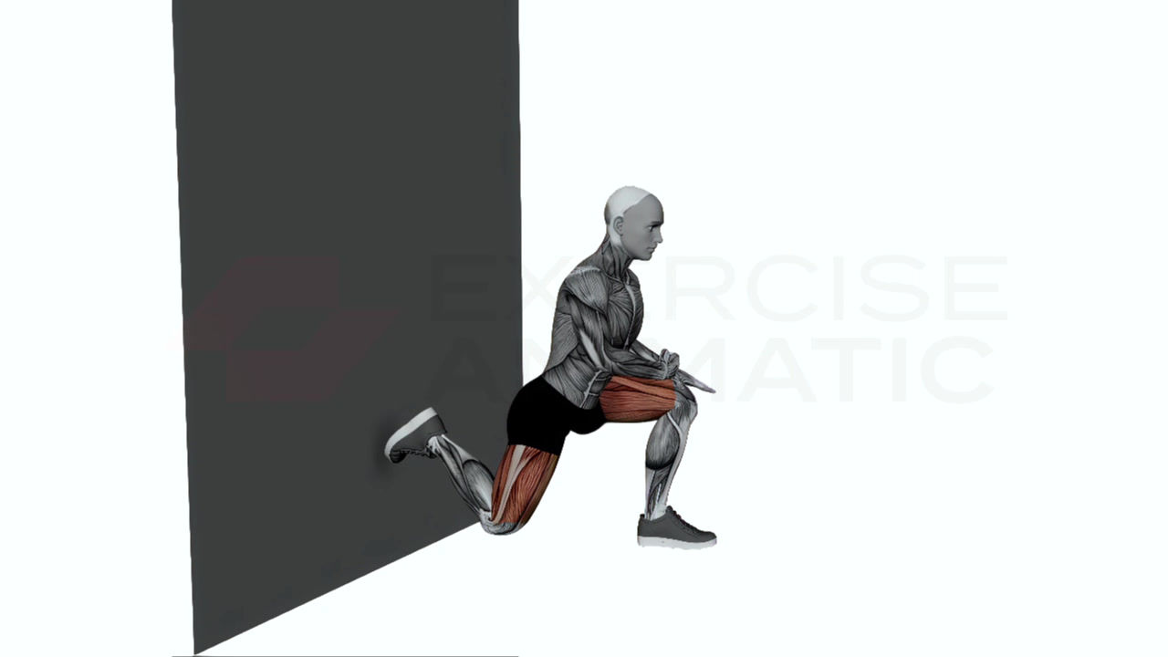3D animation of a male performing Bulgarian split squat stretch with muscle highlights