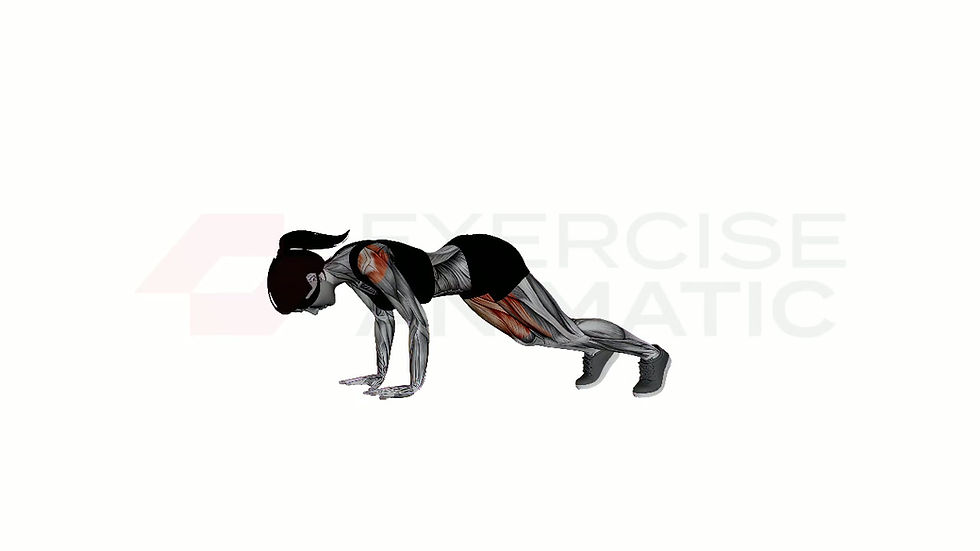 3D animation of a female performing Plank Individual Arm Reach with muscle highlights