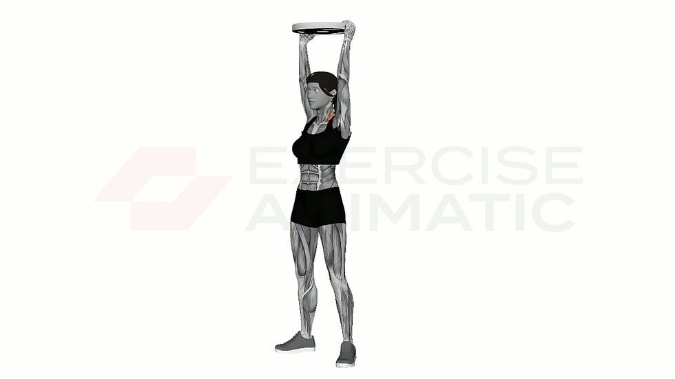 3D animation of a female performing Plate Overhead Shrug with muscle highlights