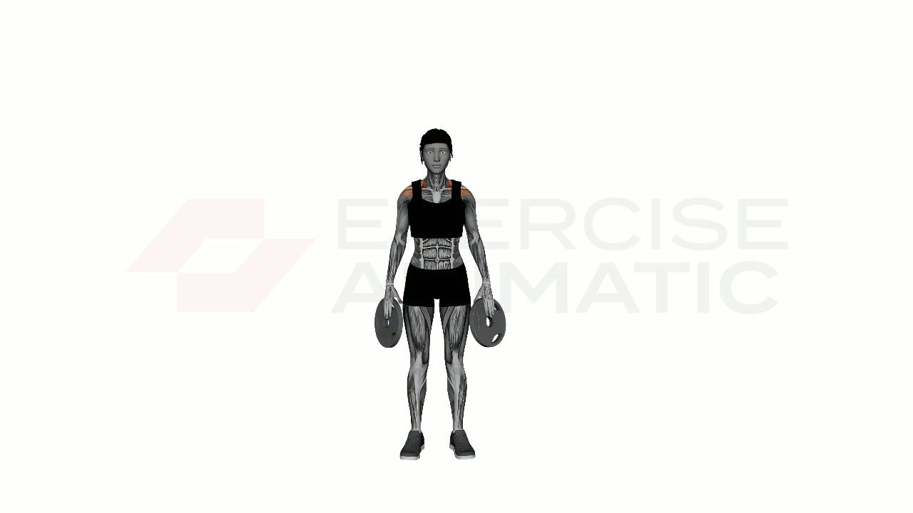 3D animation of a female performing Plate Full Front Raise with muscle highlights