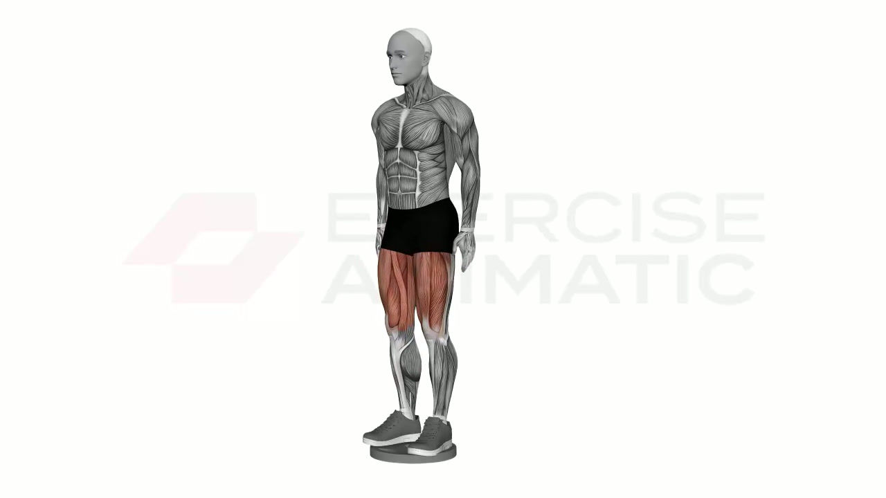 3D animation of a male performing Plate Deficit Lunge with muscle highlights