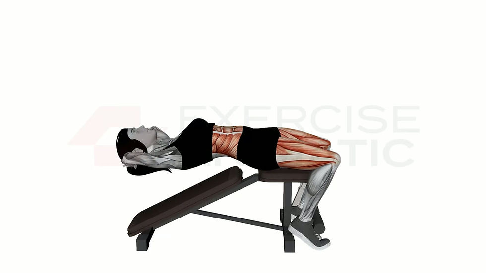 3D animation of a female performing Decline Levitating Sit Ups Bodyweight with muscle highlights