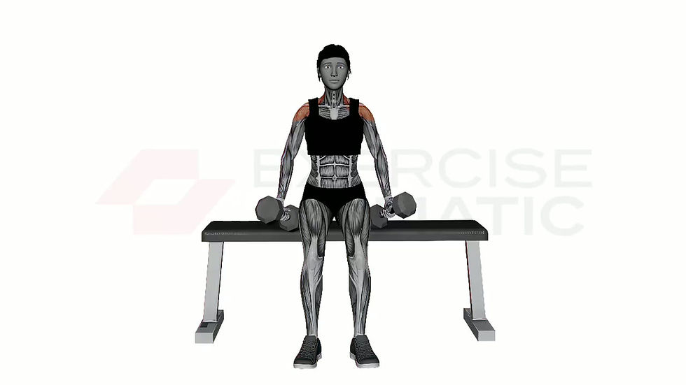 3D animation of a female performing Seated Dumbbell Neutral Grip Side Raises with muscle highlights