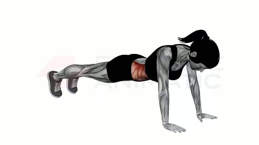 3D animation of a female performing Plank Cross Knee Drive with muscle highlights