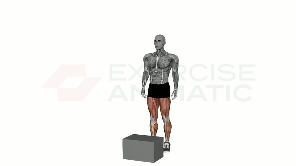 3D animation of a male performing Unilateral Box Jump with muscle highlights