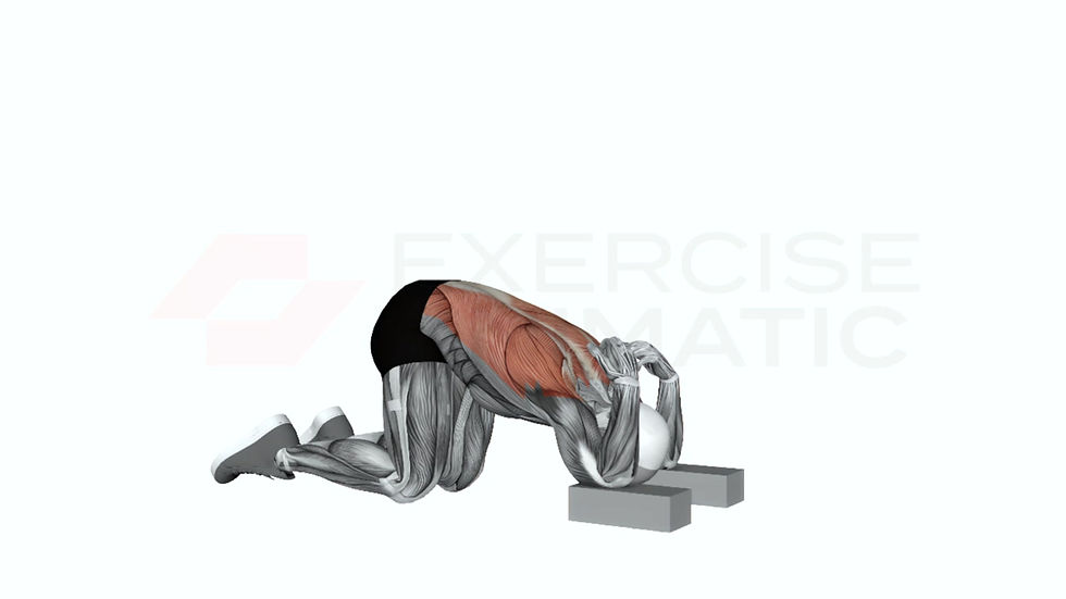 3D animation of a male performing child pose elbows on block with muscle highlights