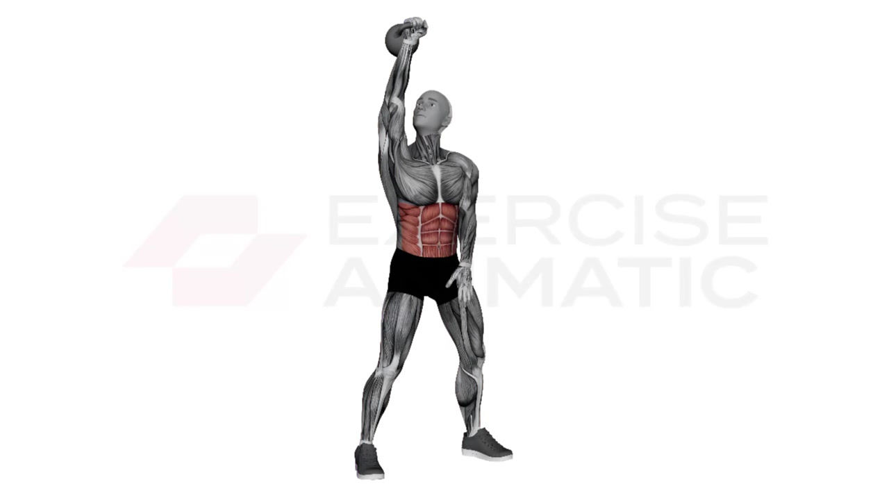 3D animation of a male performing Kettlebell Windmill with muscle highlights