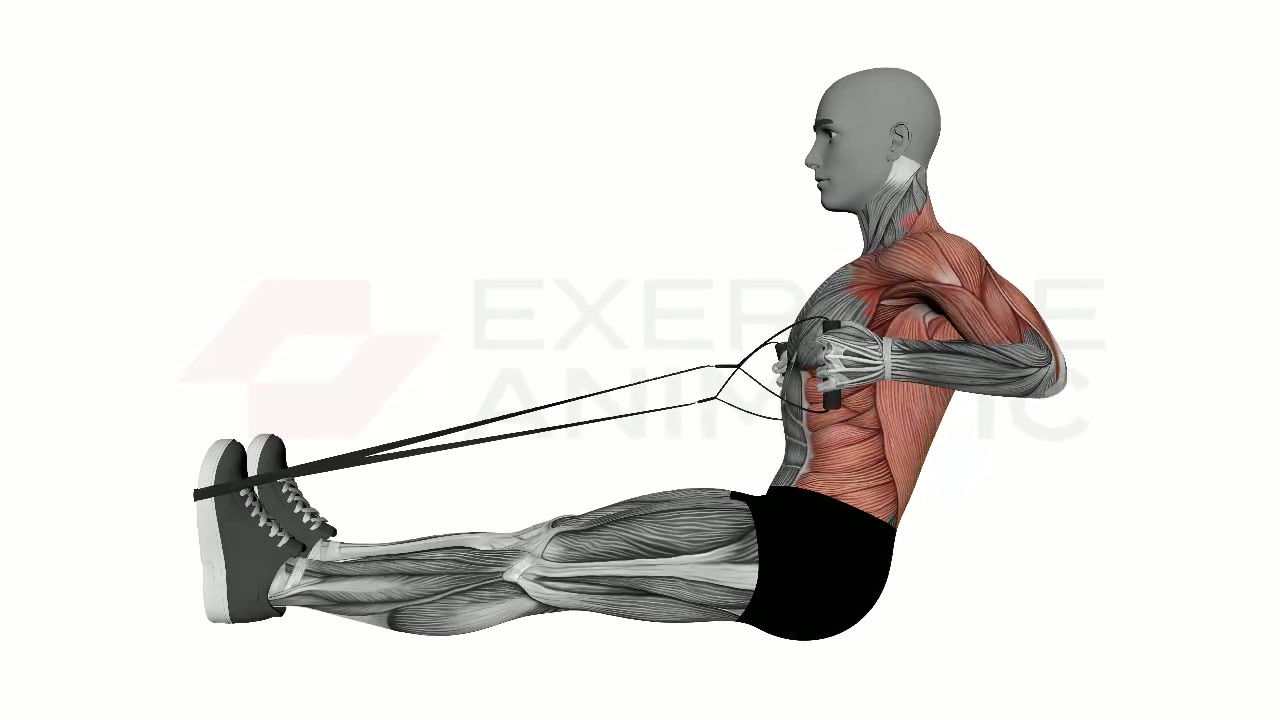3D animation of a male performing Seated Resistance Band - Cable Rows with muscle highlights