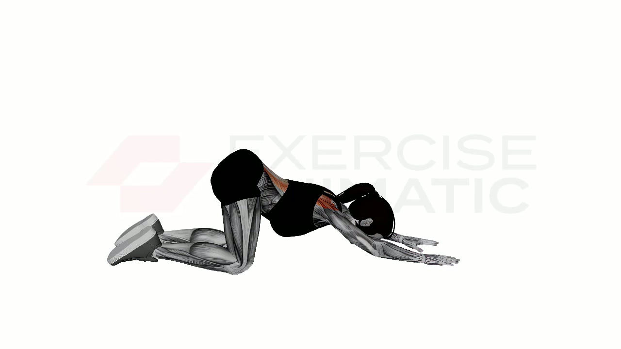 3D animation of a female performing Puppy Pose with muscle highlights