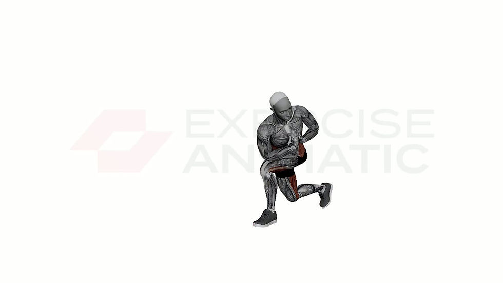 3D animation of a male performing Revolved Side Angle Pose with Prayer Hands with muscle highlights
