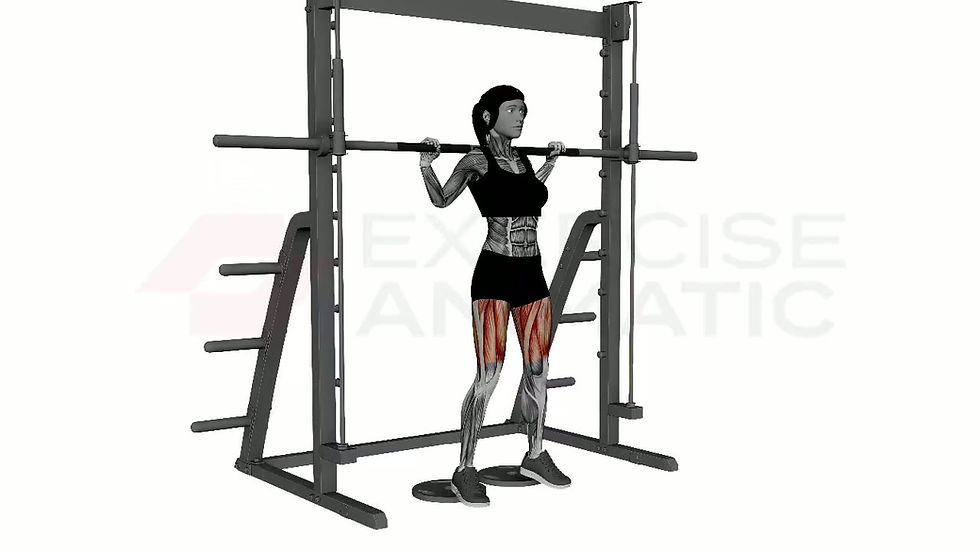 3D animation of a female performing Smith Machine Narrow Stance Heels Elevated Squats with muscle highlights