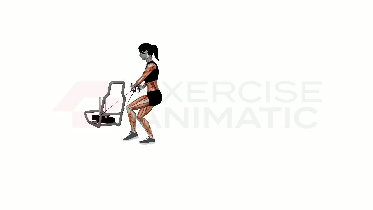 3D animation of a female performing Lateral Sled Drag with muscle highlights