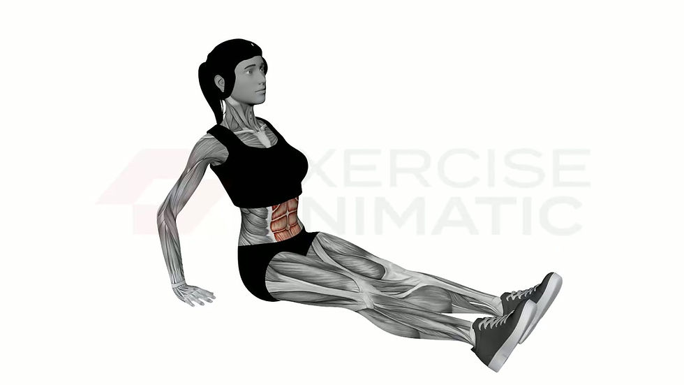 3D animation of a female performing Seated V Up with muscle highlights