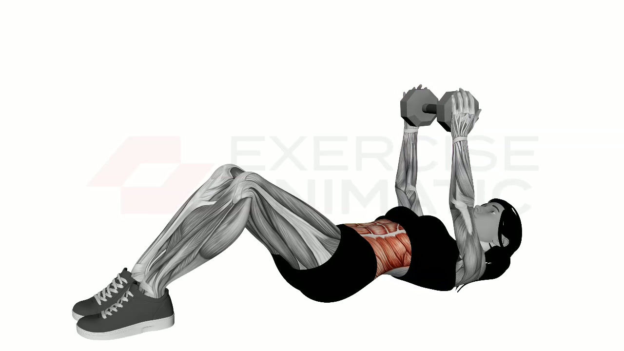 3D animation of a female performing Dumbbell Ab Crunch with muscle highlights