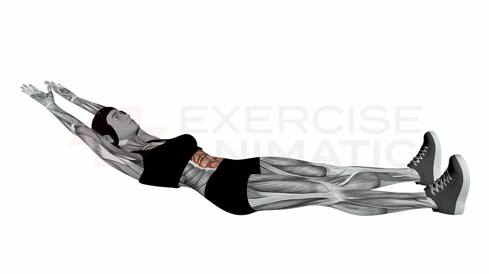 3D animation of a female performing Hollow Hold with muscle highlights