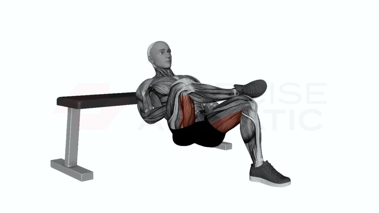 3D animation of a male performing dumbbell figure four hip thrust with muscle highlights