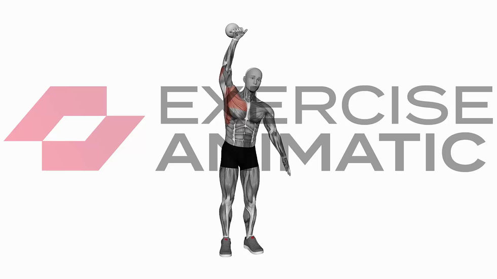 3D animation of a male performing Kettlebell strict press with muscle highlights