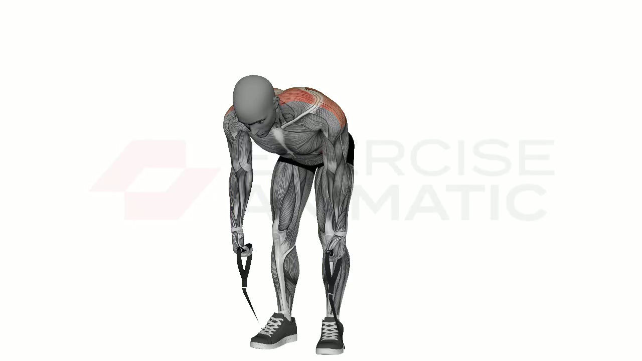 3D animation of a male performing Bent Over Row Resistance Band with muscle highlights