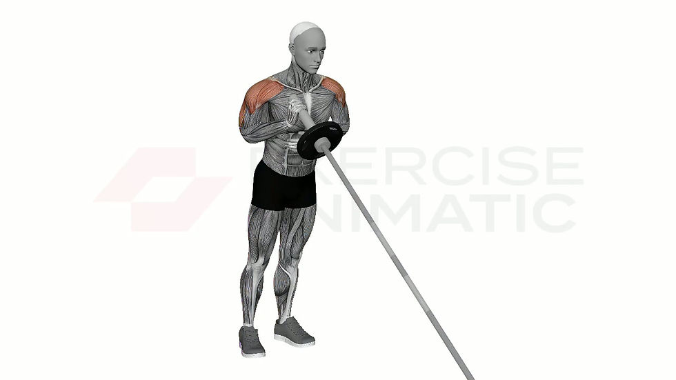 3D animation of a male performing Landmine Single Arm Push Press with muscle highlights