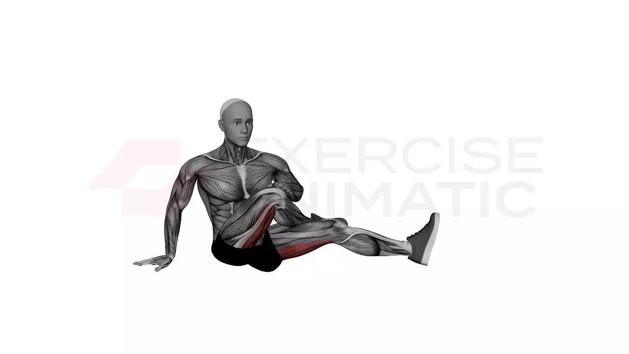 3D animation of a male performing seated figure four with twist glute stretch with muscle highlights
