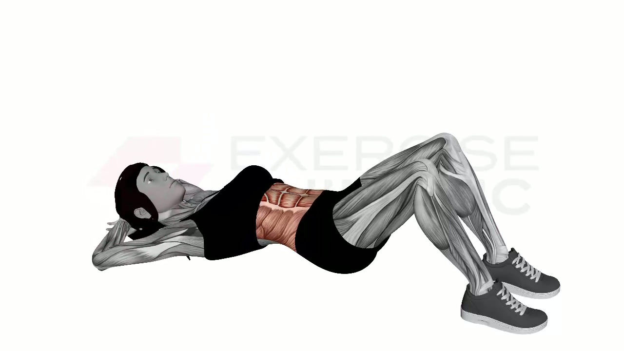 3D animation of a female performing Oblique Crunch with muscle highlights
