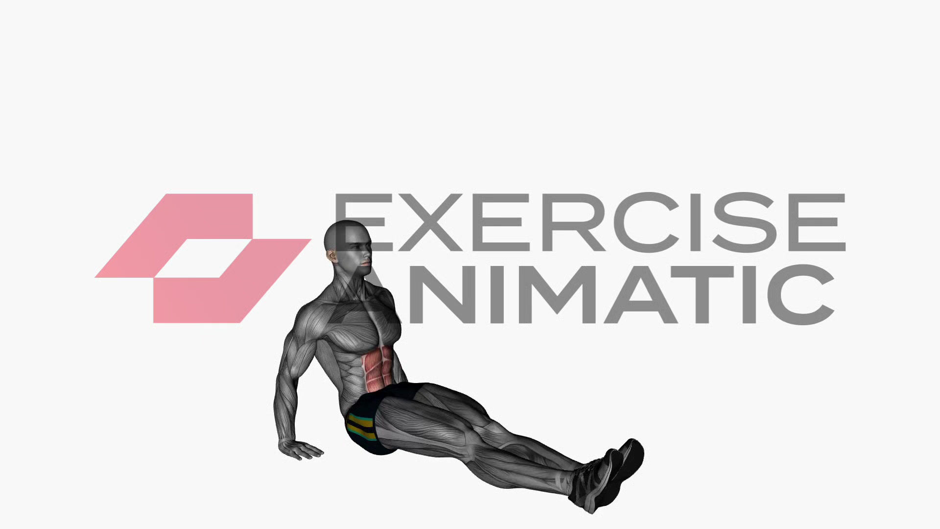 3D animation of a male performing Seated V Up with muscle highlights