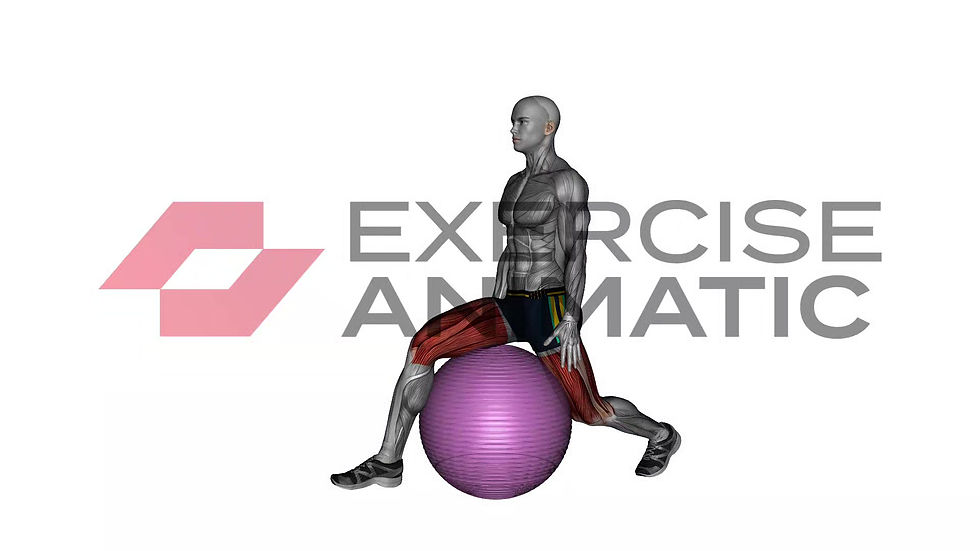 3D animation of a male performing Exercise ball hip flexor stretch with muscle highlights