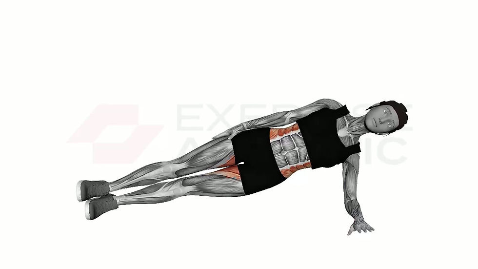 3D animation of a female performing Side Plank Oblique Crunch with muscle highlights