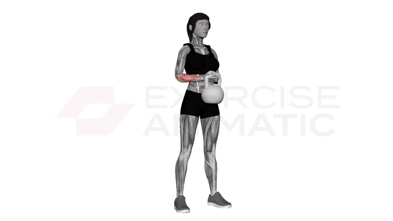 3D animation of a female performing Kettlebell Wrist Extension with muscle highlights