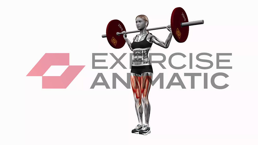3D animation of a male performing Feet Together barbell Squats with muscle highlights