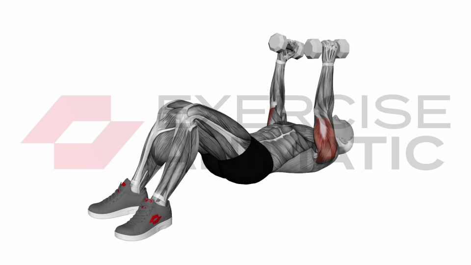 3D animation of a male performing Dumbbell Lying Floor Skullcrusher with muscle highlights
