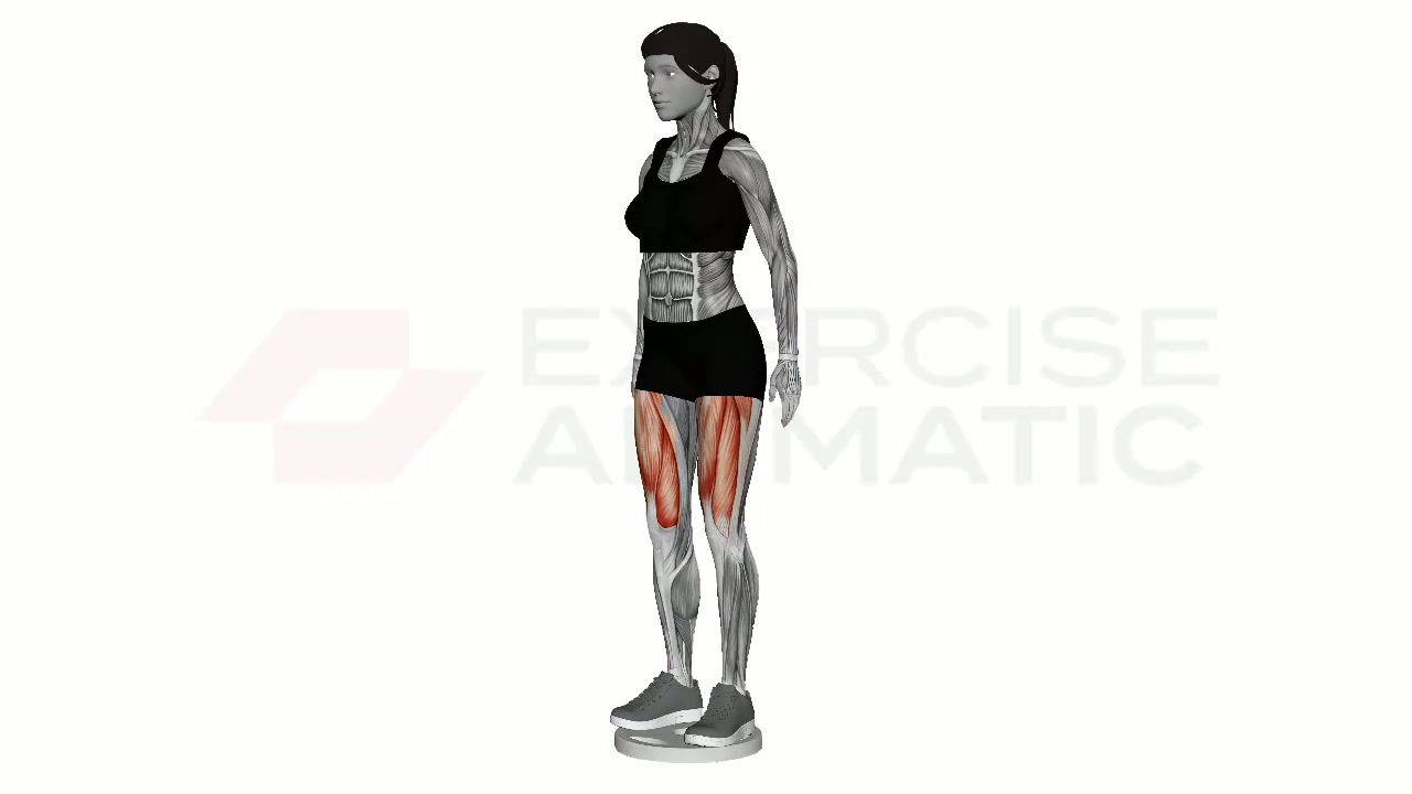 3D animation of a female performing Plate Deficit Lunge with muscle highlights