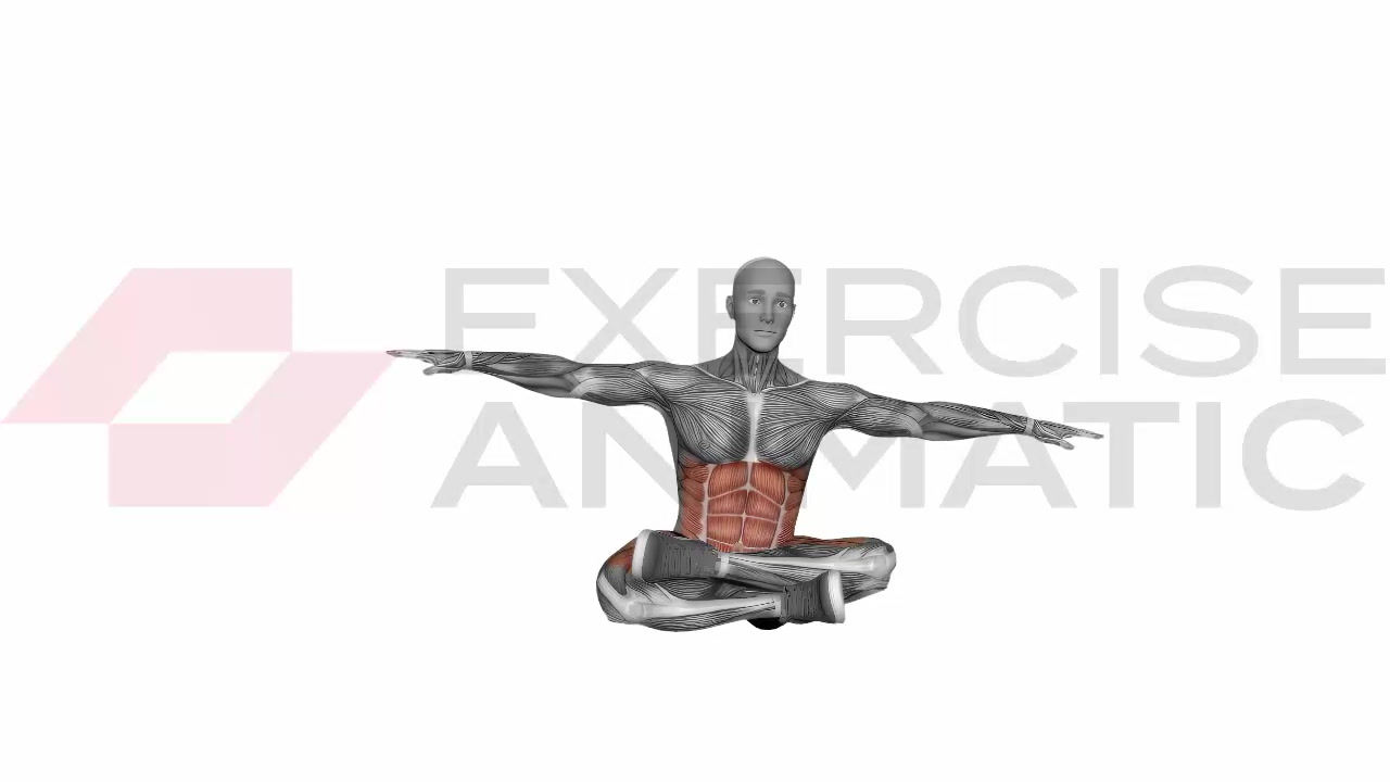 3D animation of a male performing Sitting Lotus Pose Hip Horizontal Rotation (VERSION 2) with muscle highlights