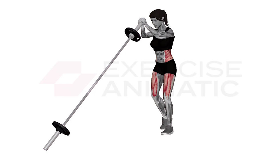 3D animation of a female performing Landmine Alternating Lunge and Twist with muscle highlights