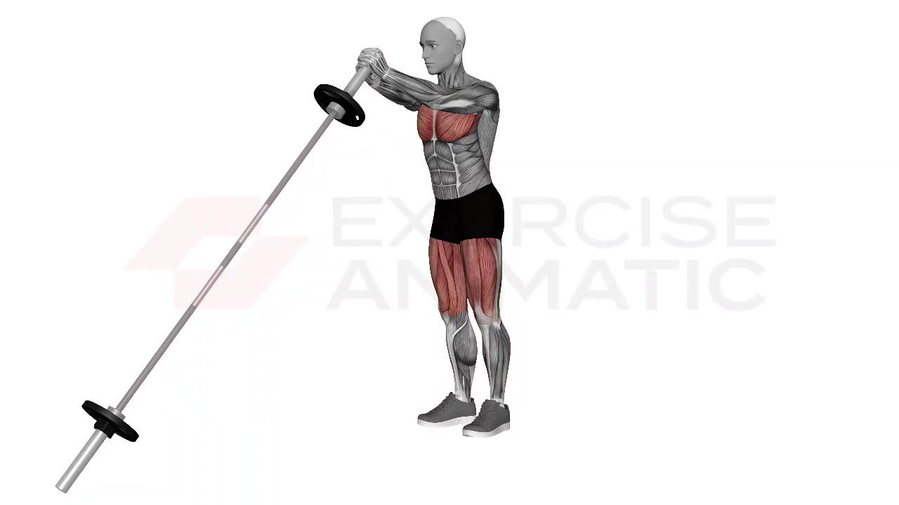 3D animation of a male performing Landmine Alternating Lunge to Chest Press with muscle highlights