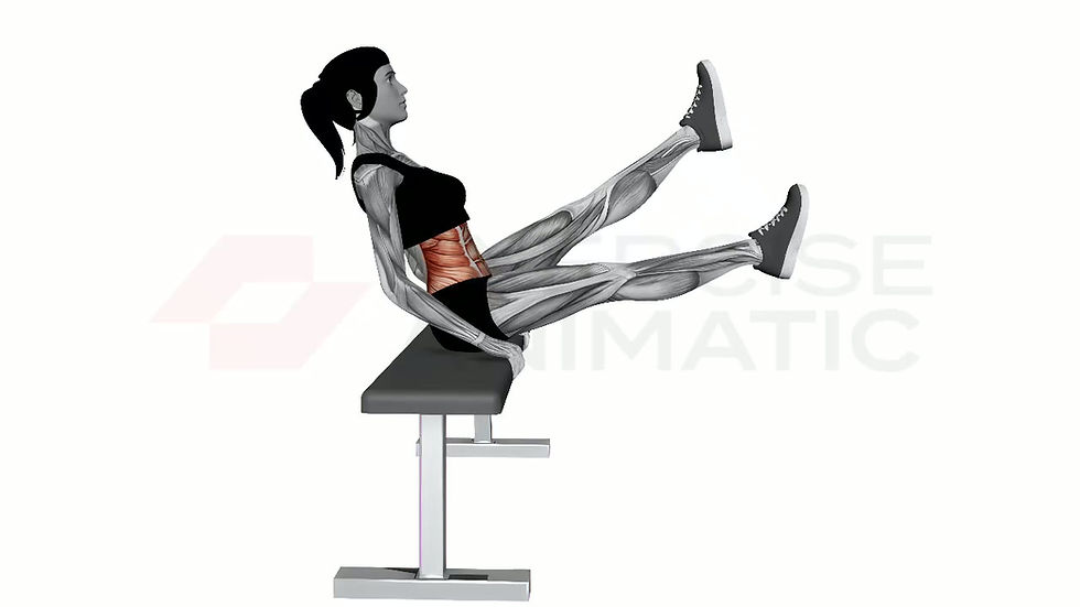 3D animation of a female performing Seated Flutter Kicks with muscle highlights