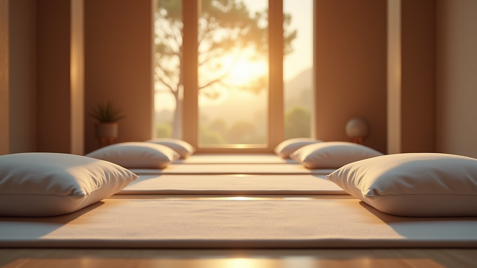 Eye-level view of a peaceful meditation space with cushions and soft lighting